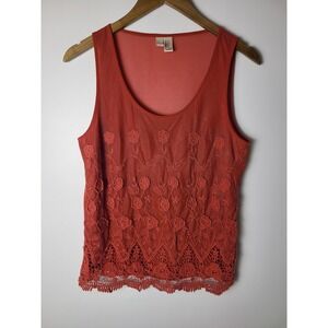 SM Burnt Orange Floral Lace Crochet Hem Tank Top Boho Earthy Y2K Fairycore